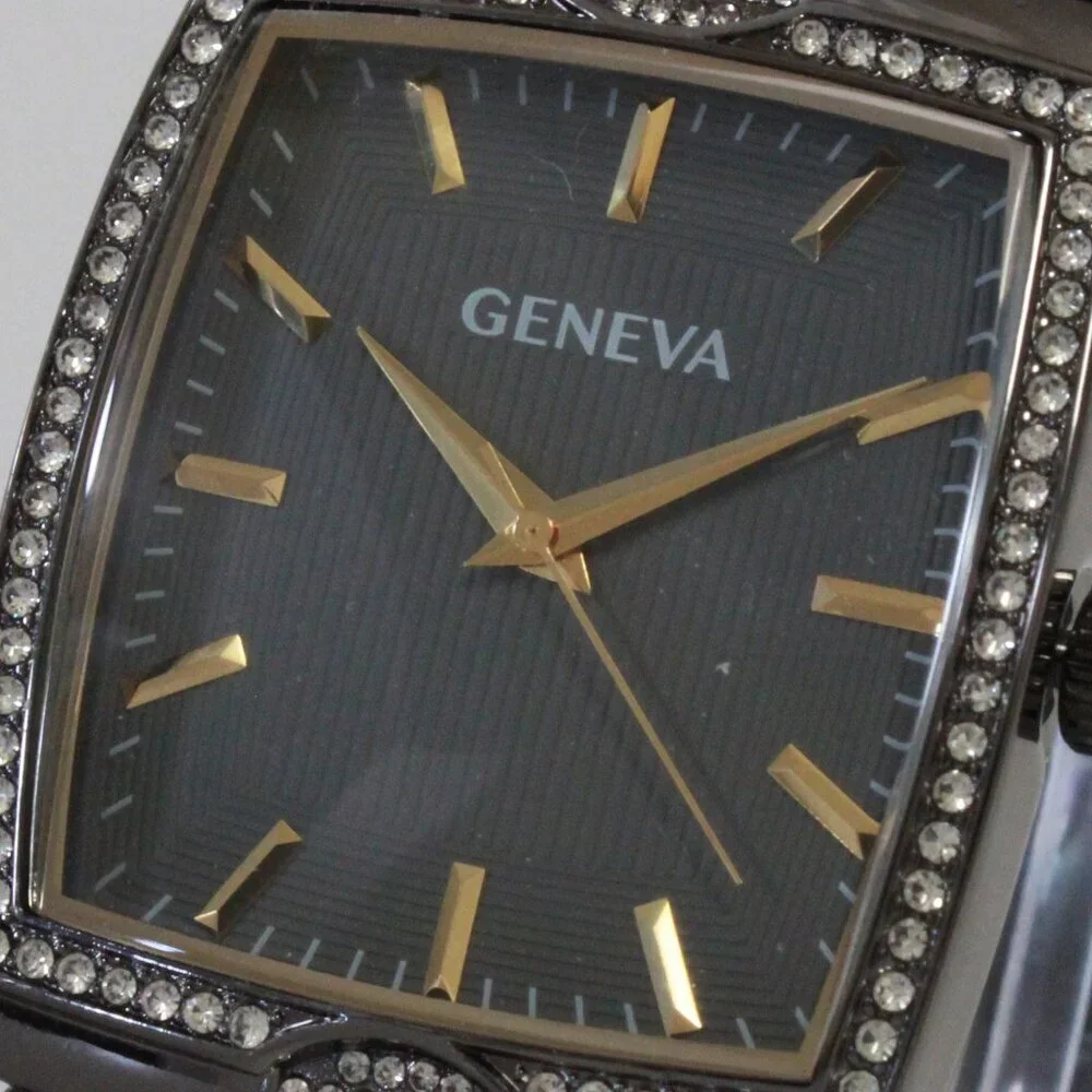 Geneva Men's Tank Style Quarts Watch Gun Metal Grey With Stone Accents 37mm